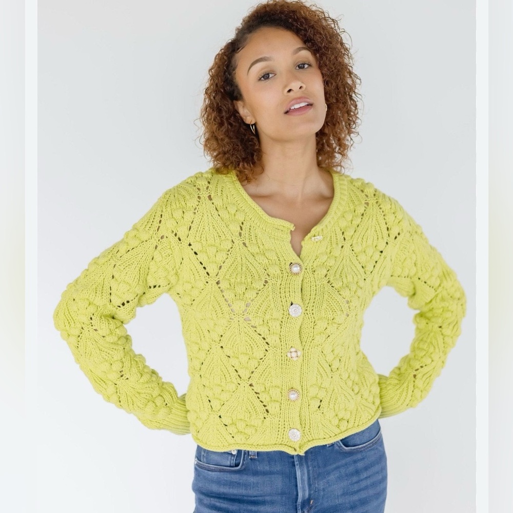 Heartloom Caspian Cardi Apple Green Chunky Popcorn Knit Cardigan XS Cotton